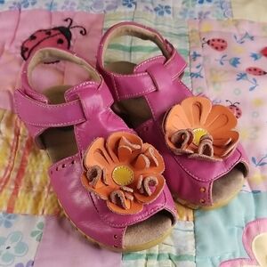 Livie & Luca Pink and Orange Flower Sandals Soft Leather Blooms On Wavy Soles 10